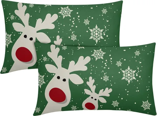 Vista 12 de Juego de 2 fundas de almohada lumbar de Navidad negras de 12 x 20 pulgadas, diseño rústico de copos de nieve de ciervos de Navidad, almohadas