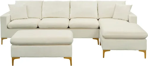 Vista 7 de Sofá modular de 110.6 pulgadas con otomana, elegante sofá tapizado de terciopelo en forma de L con 2 almohadas para sala de estar y apartamento