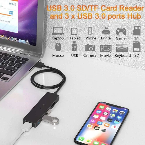 Vista 4 de TSUPY Hub 3.0 Splitter, TSUPY USB 3.0 Hub Multi USB adaptador expansor de puerto con cable de 4 pies, lector de tarjetas SD/TF y 3 puertos USB 3.0