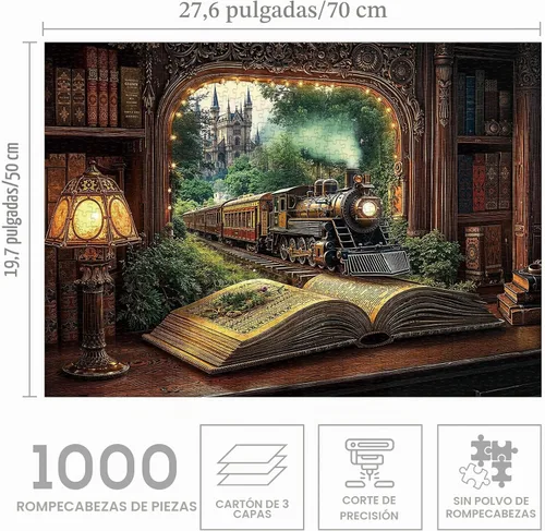 Vista 3 de Rompecabezas de Libro del Bosque del Tren de 1000 Piezas para Adultos, Rompecabezas Mágicos Vintage de Plantas Castillo, Rompecabezas de Estantería