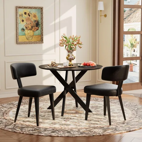 Vista 21 de Juego de mesa de comedor de madera para 2, mesa de cocina redonda de 36 pulgadas con 2 sillas de comedor Boucle, mesa de MDF con patas de metal