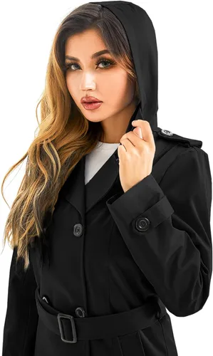 Vista 4 de FARVALUE Gabardina impermeable para mujer, rompevientos de doble botonadura, clásico con solapa con cinturón y capucha extraíble