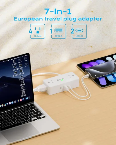 Vista 5 de Adaptador de enchufe de viaje europeo Kakyanill, adaptador de corriente para Italia, 4 tomas de CA, 3 puertos USB (2 USB C), cable de extensión