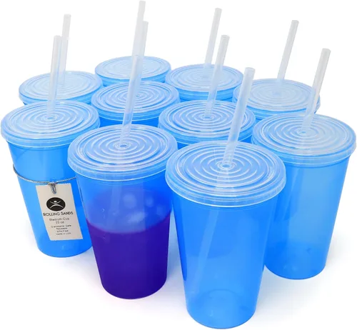 Vista 10 de Rolling Sands Vasos de plástico reutilizables de 22 onzas con tapas, paquete de 10, vasos variados fabricados en Estados Unidos; incluye 10 popotes