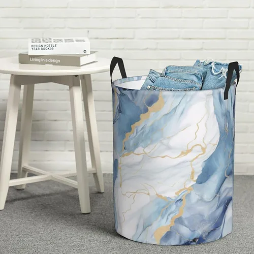 Vista 8 de Cesta circular con estampado de mármol blanco y azul, impermeable, cesta organizadora de lavandería, con asas, para ropa, juguetes, pequeña