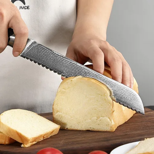 Vista 6 de Cuchillo de pan dentado de 8 pulgadas, cuchillo de cocina profesional de la serie XingRui forjado con VG10 Super Steel de 67 capas de Damasco, mango