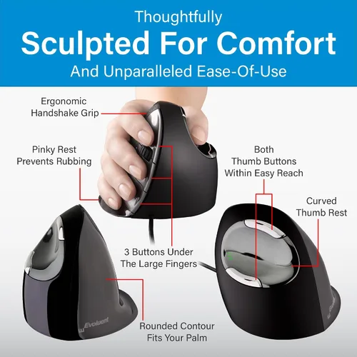 Vista 5 de Evoluent – Inventor de El Ratón Vertical – Ratón vertical ergonómico VMDM para diestros, USB cableado, mediano, diseñado para la comodidad, reduce