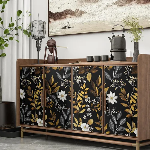 Vista 3 de Papel pintado floral dorado negro para pelar y pegar, papel pintado de hojas boho, papel de contacto botánico para gabinetes, vinilo autoadhesivo