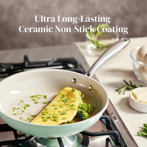 Vista 4 de Redchef Sartén antiadherente de cerámica, mini sartén para desayuno y huevos, cocina saludable sin químicos, mango de acero inoxidable que se Verde