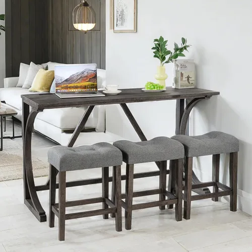 Vista 12 de Juego de mesa de barra de 59" de altura de mostrador con toma de corriente, mesa de desayuno industrial con 3 taburetes acolchados, juego de mesa