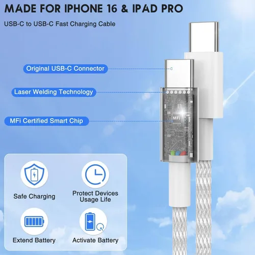 Vista 4 de Cable de carga rápida USB C a C de 3 pies, cable de carga tipo C a USB C para iPhone 17 Pro Max/17 Air/16 Pro/15 Plus, MacBook Pro