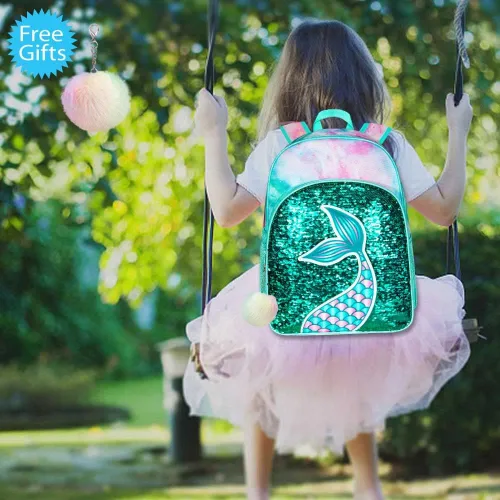 Vista 9 de 3 mochilas para niñas, 16 pulgadas con lentejuelas para preescolar y lonchera