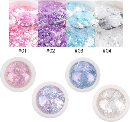 Vista 5 de 4 cajas de uñas en polvo holográfico con purpurina en polvo de ópalo cromado, escamas irregulares brillantes de sirena, lentejuelas rosa y morado