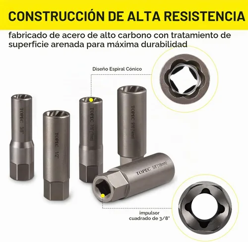 Vista 3 de Topec Juego de extractores profundos tipo espiral de 5 piezas, juego de bujías de fácil extracción, para quitar pernos profundamente atrapados