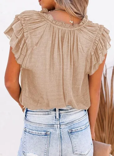 Vista 4 de Dokotto - Blusas informales con cuello en V para mujer, diseño de manga corta, con cordón ajustable
