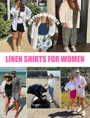 Vista 5 de HOTOUCH Camisa de manga larga con botones de lino para mujer, blusa de algodón casual, holgada, con cuello, para trabajo, de gasa, con bolsillo