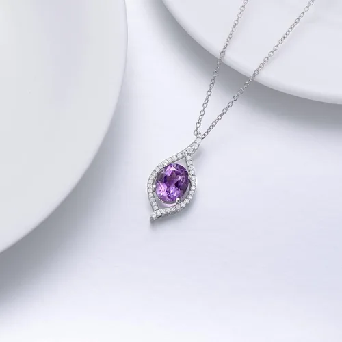 Vista 4 de Natural Amethyst Necklace 925 Sterling Silver Authentic Gemstone Purple February Birthstone Pendant Jewelry Gift for Women Girls