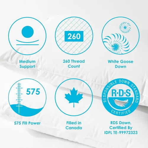 Vista 6 de Canadian Down & Feather Co. - Paquete de 2 almohadas de plumón de ganso blanco de soporte medio, tamaño estándar, carcasa de 260 hilos, 100%