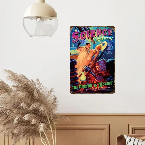 Vista 5 de Letrero de metal vintage con texto en inglés "Science Gone Wild Pin Up Girl", cartel retro de hojalata sexy para hombre, cueva, bar, garaje, pubs