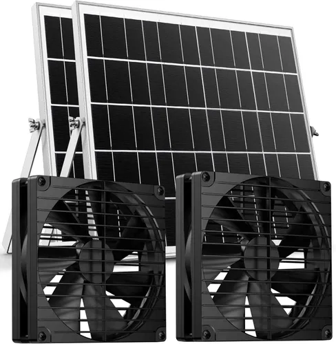 Vista 9 de Ventilador solar con batería, ventilador solar recargable para gallinero, invernadero, cobertizo, exterior con dos ventiladores de entrada de escape