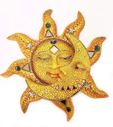 Vista 2 de George S. Chen Imports - Mosaico naranja de polirresina de rostro de sol con mosaico de luna amarillo, 13