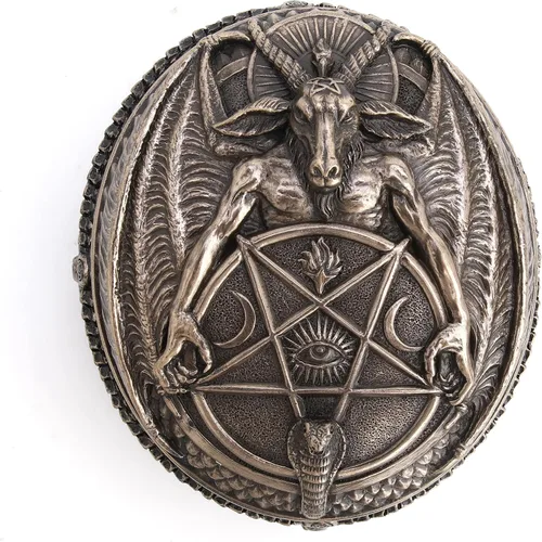 Vista 2 de Veronese Design Wiccan Pentagram Baphomet Oval en forma de caja de baratija Escultura de resina Acabado de bronce