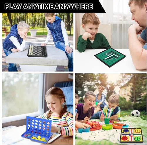 Vista 8 de Juego de mini juegos de viaje 5 en 1 con 4 tableros de ajedrez plegables y 5 juegos de piezas de ajedrez, damas magnéticas, ajedrez, ludo, reversi