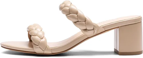 Vista 5 de DREAM PAIRS Zapatos de tacón bajo con dos correas trenzadas para mujer, puntera abierta, tacón grueso, sandalias de tacón grueso, para fiestas