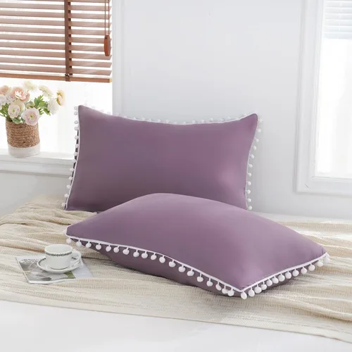 Vista 11 de Juego de 2 fundas de almohada con pompones color verde aguacate, tamaño Queen estándar, 100% microfibra lavada, funda de almohada con flecos de bola