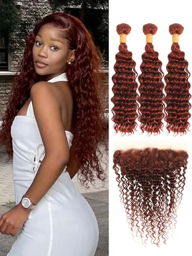 Vista 26 de Cabello Humano Rizado Castaño Rojizo, Trama Gruesa Castaño Cobrizo Rojo Coloreado Ondas Profundas Paquetes Individuales Cabello Humano 12A Tejido