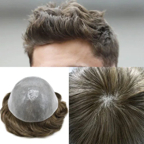 Vista 25 de Toupee para hombres Sistema de reemplazo de cabello humano PU piel fina V-looped Hair Piece Nature Hair System para hombre Toupee 6X8#1B Off Black