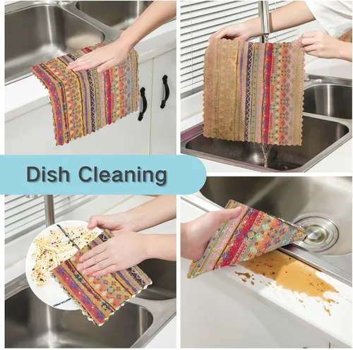 Vista 2 de CaTaKu Paños de cocina étnicos bohemios, paquete de 6 trapos reutilizables para lavar, paños de limpieza de microfibra, paños para secar la cocina