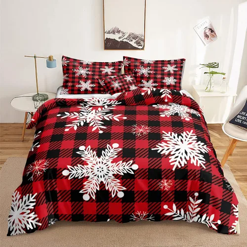 Vista 23 de Juego de ropa de cama de Navidad con funda de edredón de copos de nieve, color blanco y rojo, con estampado navideño, juego de ropa de cama festiva