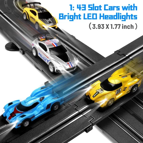 Vista 4 de Juego de pistas de carreras de autos de tragamonedas, pista eléctrica de 19 pies con luces LED y 4 autos de tragamonedas, 2 controladores de mano