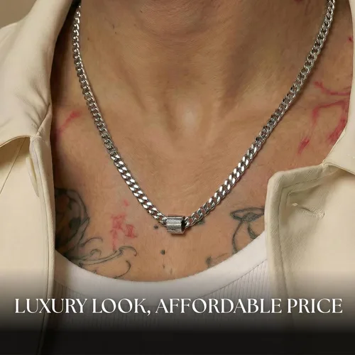 Vista 3 de Galis Cadenas clásicas para hombre, cadena de eslabones cubanos con dije de cuentas pequeñas, acero inoxidable de corte de diamante, collar chapado