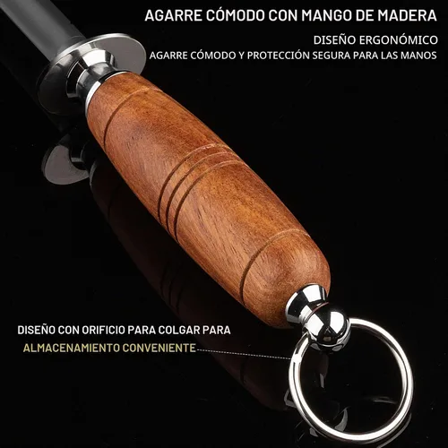 Vista 3 de afilador de cuchillos de acero, varilla de afilador de cuchillos de mango de madera, varilla de afilado de acero de 12 pulgadas (caoba)