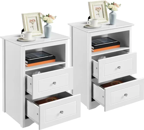 Vista 11 de Yaheetech Juego de 2 mesitas de noche, mesitas de noche de madera con 2 cajones y compartimento, 2 piezas de mesita de noche alta para dormitorio