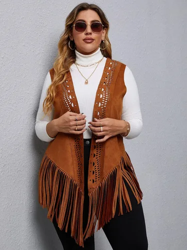 Vista 3 de SheIn Chaleco de ante sin mangas con flecos para mujer, estilo hippie, chaqueta estilo hippie de los años 70