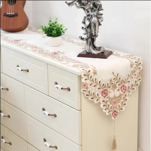 Vista 3 de Camino de mesa bordado con flores, cubierta de mesa de té de diseño moderno y elegante, mantel de poliéster para restaurante, cocina, comedor, boda