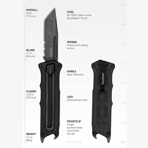 Vista 10 de Cuchillo de bolsillo Kershaw Interstellar, hoja Tanto OTF manual negra con serraduras, acabado Blackwash con mango GFN, abrebotellas y clip