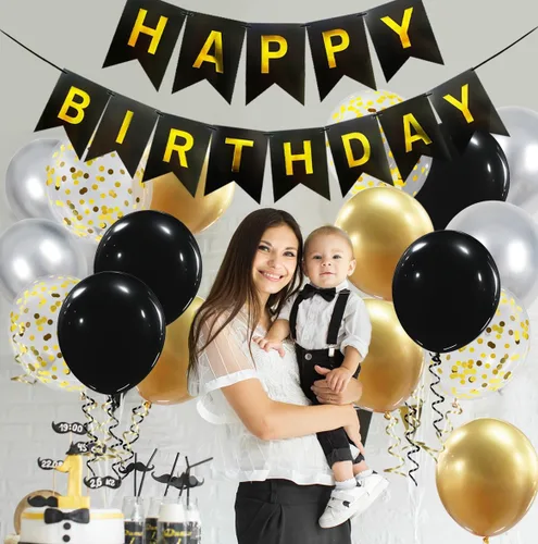 Vista 6 de Cartel de feliz cumpleaños, decoración de cumpleaños negro y dorado, 16 globos de 12 pulgadas con 2 cintas para hombres, mujeres, niñas y niños