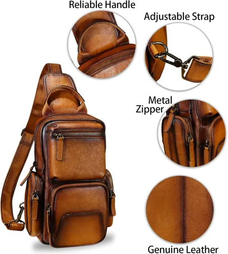 Vista 6 de IVTG Bolso bandolera de cuero genuino para senderismo, estilo vintage, hecho a mano, mochila para el pecho, mochila de hombro, paquete