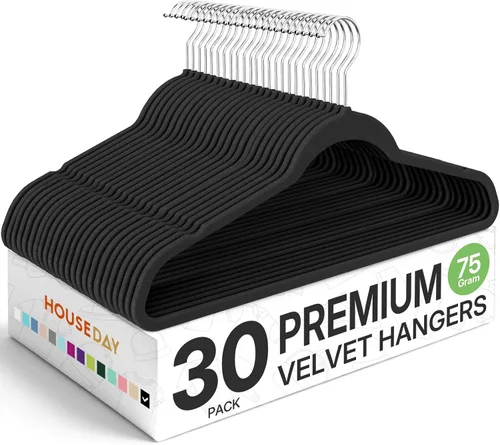 Vista 28 de HOUSE DAY - Paquete de 50 perchas de terciopelo premium, perchas antideslizantes de fieltro aterciopelado, perchas resistentes para ropa con gancho