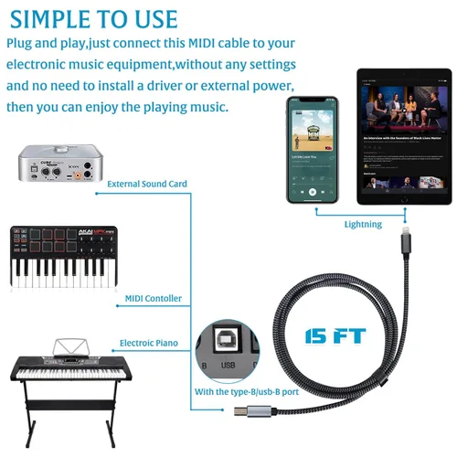 Vista 3 de Cable Lightning a MIDI USB OTG tipo B para iPhone seleccionado, modelos de iPad para controlador midi, instrumento de música electrónico, teclado