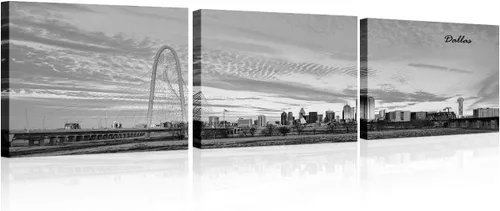 Vista 29 de TUMOVO 3 piezas de arte de pared en lienzo con diseño de horizonte de Atlanta, arte de pared panorámico de paisaje urbano en blanco y negro