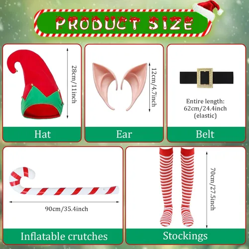 Vista 2 de Forfamy Disfraz de elfo de Navidad para adultos, hombres, mujeres y niños, disfraz festivo de Papá Noel, sombrero de elfo, orejas, accesorios