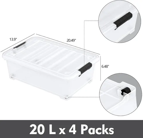 Vista 2 de 4 paquetes de contenedores de plástico transparente de 20 L para debajo de la cama con tapas y ruedas, bolsas de almacenamiento de plástico