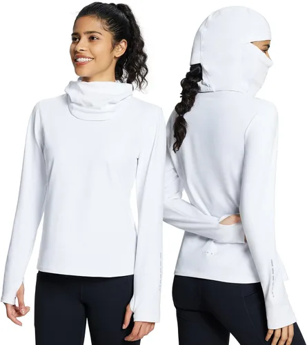Vista 9 de BALEAF Camisas térmicas de manga larga para mujer, ropa de invierno, cuello redondo, cálido, forro polar, capa base con pasamontañas y agujeros