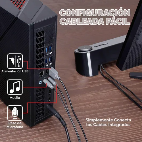 Vista 4 de SonaVERSE UBR barra altavoz para computadora de escritorio con conectores para audífonos y micrófono de fácil acceso por GOgroove, con alimentación