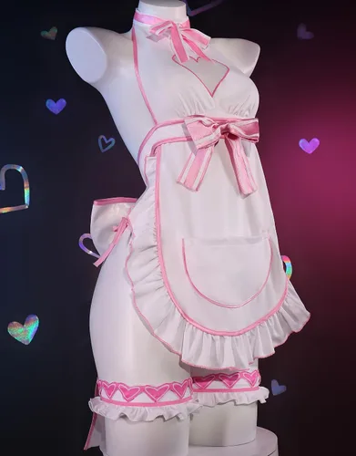 Vista 3 de Disfraz de sirvienta Kawaii para mujer con delantal, guantes y medias para Halloween